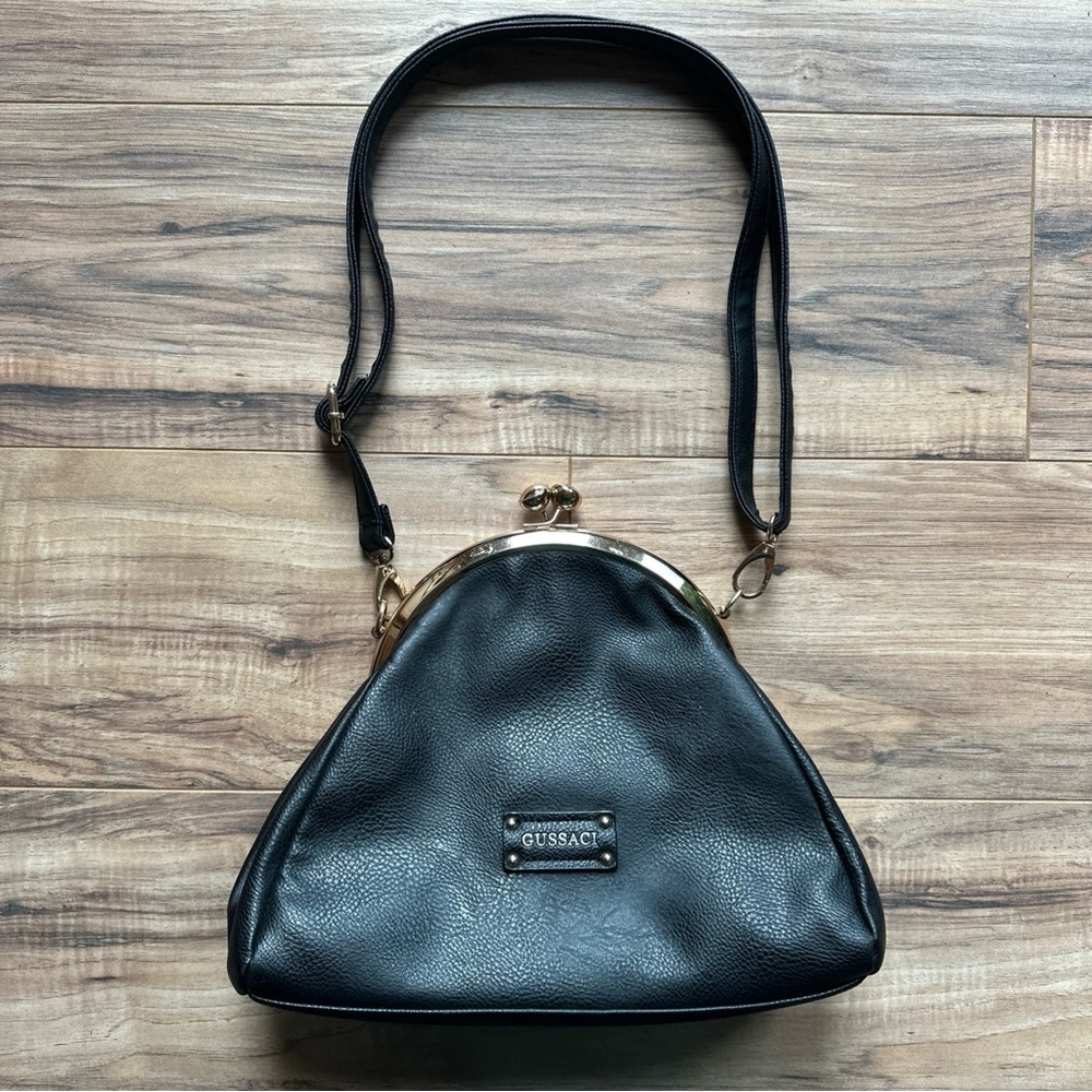 Gussaci Black Clamshell Shoulder Bag gold hardware Purse Vintage Unique